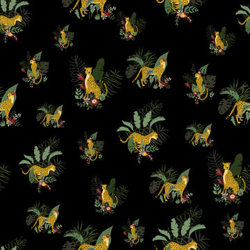Seamless pattern with wild jungle Cheetahs in different poses and exotics floral and leaves. Tropical cats on black backdrop. Vector animalistic surface design.