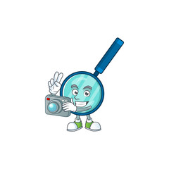Magnifying glass photographer mascot design concept using an expensive camera