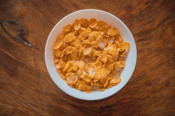 Bowl of corn flakes with milk