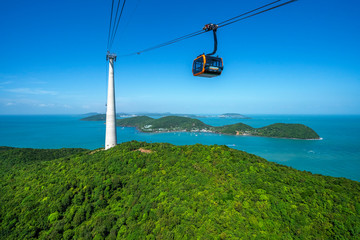 Aerial view of The Longest Cable Car situated on the Phu Quoc Island in South Vietnam. View on area Thom island, Kien Giang