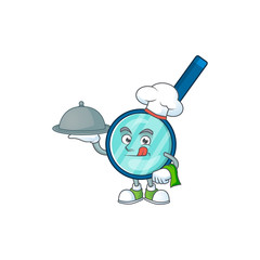 A magnifying glass chef cartoon design with hat and tray