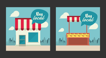 shop local poster with store building and oranges kiosk