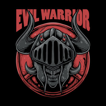 skull wearing knight helmet illustration. Evil warrior design for t-shirt, sticker,or poster