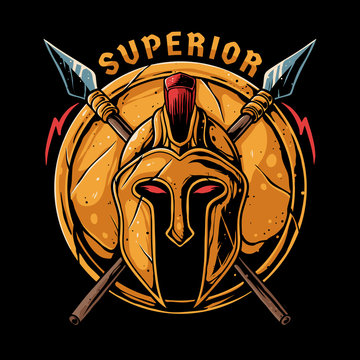 Spartan warrior helmet with spear and shield. Superior illustration for t-shirt design, sticker, or poster
