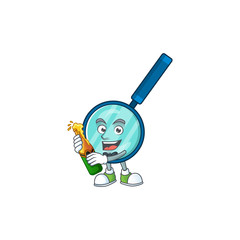 Mascot cartoon design of magnifying glass making toast with a bottle of beer