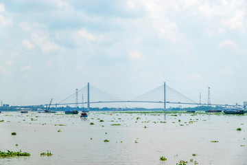My Thuan bridge, cable-stayed bridge connecting the provinces of Tien Giang and Vinh Long, Vietnam. Famous beautiful bridge of Mekong Delta.  