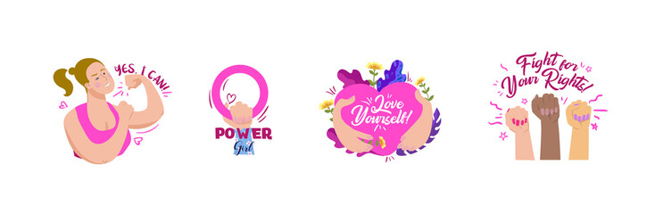 Feminist and body positive vector stickers set. Female movements cartoon badges with inspirational quotes.