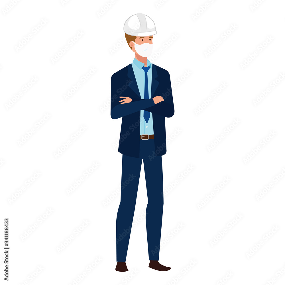 Poster man engineer using face mask isolated icon vector illustration design