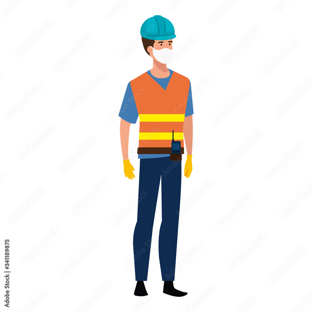 Poster man engineer with vest using face mask isolated icon vector illustration design