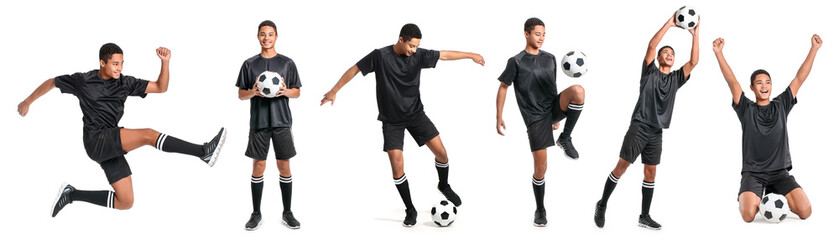 Collage with young African-American football player on white background © Pixel-Shot