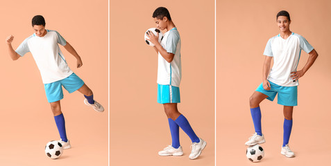 Collage with young African-American football player on color background