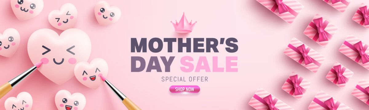 Mother's Day Sale Poster with gifts box,cute hearts and cartoon emoticon painting on pink background.Promotion and shopping template or background for Love and Mother's day concept