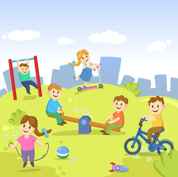 Happy kids playing in the park on bright cityscape with clouds in the sky. Childhood, playground, fun. Cartoon flat vector illustration.