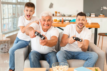 Man with his father and son playing video games at home