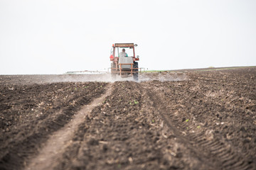 tractor sprays the field before germination.