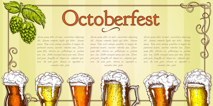 Beer background vector vintage. traditional beer festival banner template with foamy beer glasses in retro style. Oktoberfest party flyer, pub or bar menu pattern. horizontal frame with hops and beer.