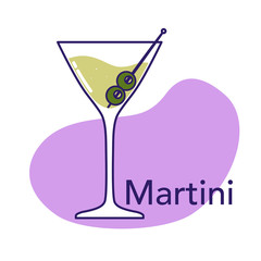 Alcoholic cocktail - martini with olive isolated on white background. Vector illustration