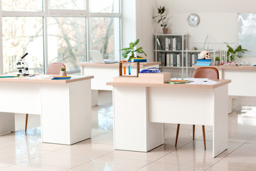 Interior of classroom prepared for chemistry lesson in modern school
