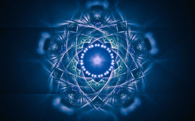 fantastic abstract symmetrical flower with petals consisting of a variety of geometric shapes of different colors on a black background