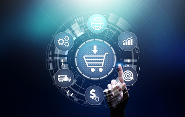 E-Commerce, Online chopping Internet business concept on virtual screen.