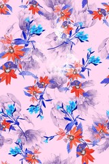 Illustration with seamless pattern floral design. Beautiful seamless pattern on coloured background with tropical flowers and plants. Composition with hibiscus and leaves. Stylish print for textile