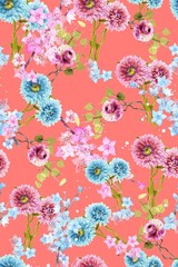 Illustration with seamless pattern floral design. Beautiful seamless pattern on coloured background with tropical flowers and plants. Composition with hibiscus and leaves. Stylish print for textile