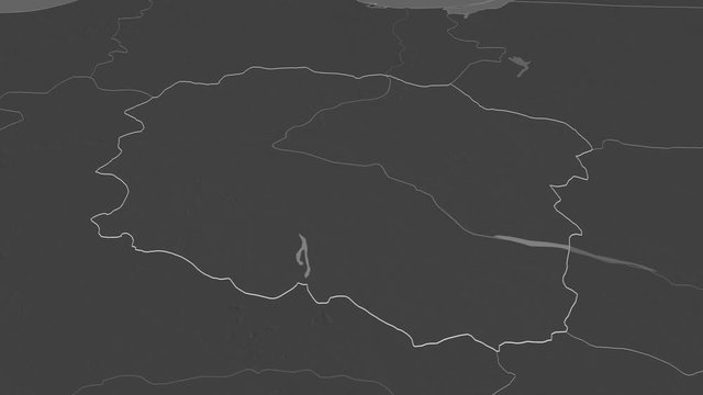 Kuyavian-Pomeranian, voivodeship with its capital, zoomed and extruded on the bilevel map of Poland in the conformal Stereographic projection. Animation 3D