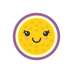 Cute smiling exotic passion fruit. Kawaii fruit character. Isolated colorful vector icon