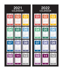 Year 2021 and Year 2022 calendar vector design template, simple and clean design. Calendar for 2021 and 2022 on White Background for organization and business. Week Starts Monday. 