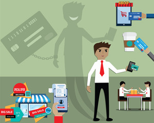 Flat design of financial concept,Bad habits make many people broke,Poor man is a credit card debt in future - vector illustration