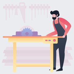 Carpenter with electric saw. Wood working concept. Vector flat illustration