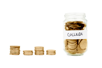 Coins with a glass jar and college word