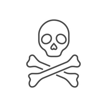 Skull and bones related vector thin line icon. Symbol of death and pirates. Isolated on white background. Editable stroke. Vector illustration.