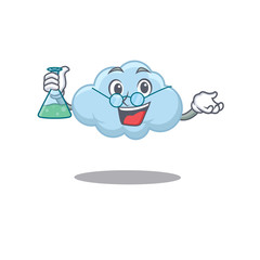 Blue cloud smart Professor Cartoon design style working with glass tube