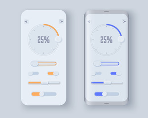 Neumorph UI kit on sample smartphone screen. Volume Knob with slider bar and switches. Light color set. Skeuomorph Trend Design. Workflow UX smart technology applications. Vector illustration.