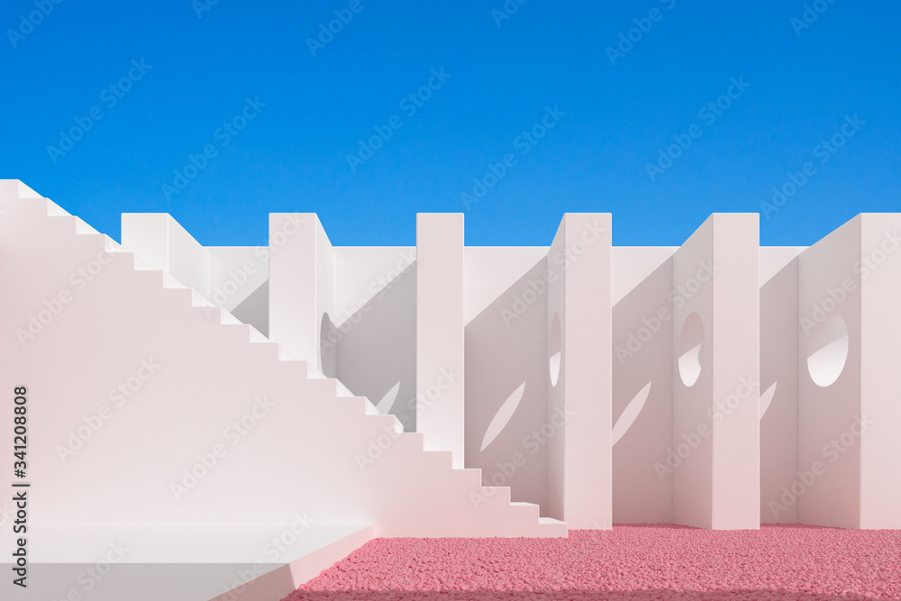 Poster Minimal style of architectural buildings with stairs and gravel, Architecture idea with shade and shadow on wall. 3D rendering.