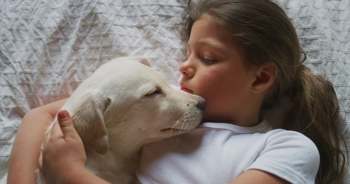 Authentic shot of little girl is cuddling and caressing her pedigree puppy of Labrador Retriever dog while lying together on a bed. Concept: love for animals, friendship, authenticity, antiparasitic