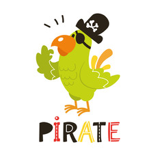 Childish cartoon parrot pirate can be used for cards, birthday invitations, prints, children clothes, interior posters