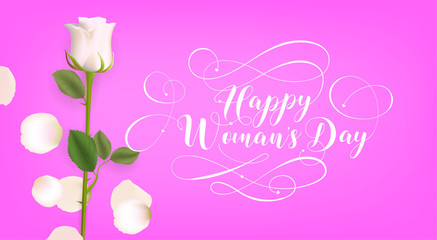 Woman's day poster design. Woman's day poster design. Calligraphy text and realistic white rose flower on pink background. Vector illustration.