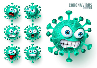 Coronavirus ncov emoji vector set. Novel corona virus covid19 emojis and emoticons with scary and angry facial expressions for global viral outbreak. Vector illustration.
