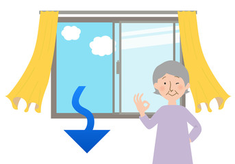 窓を開けて空気の換気をするおばあちゃんのベクターイラスト