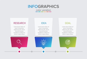 Concept of arrow business model with 3 successive steps. Three colorful graphic elements. Timeline design for brochure, presentation. Infographic design layout.