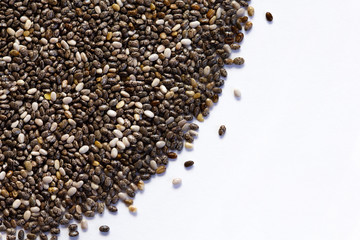 Chia seeds close-up background macro. The texture of the Chia seeds. Copy space. Flat lay. Chia seeds on a white background. Healthy food from Chia seeds.