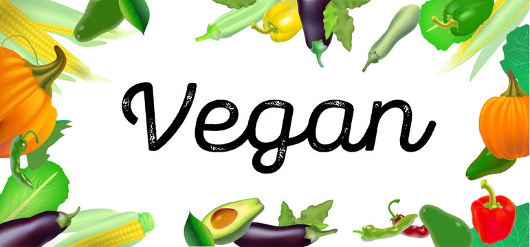 Vegan lettering text with pumpkin, abogado, zukkini, pepper and other. Poster design a natural life style and eco friendly style.