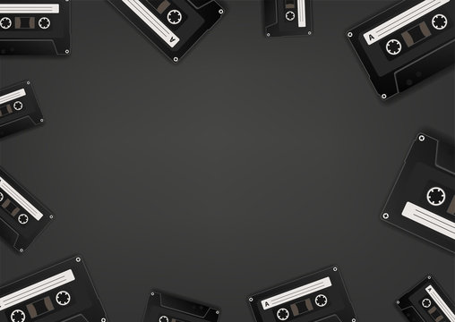 Retro audio cassettes black wallpaper. Social media message vector background. Copy space for a text