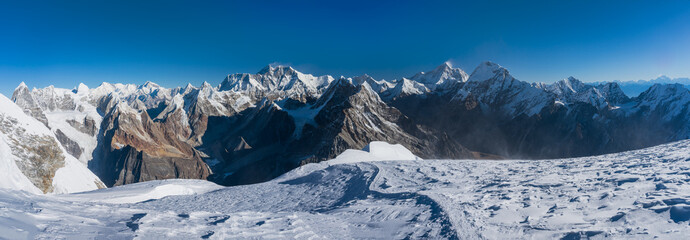 Panoramic landscape of Himalaya mountains range on top of Mera peak, Nepal