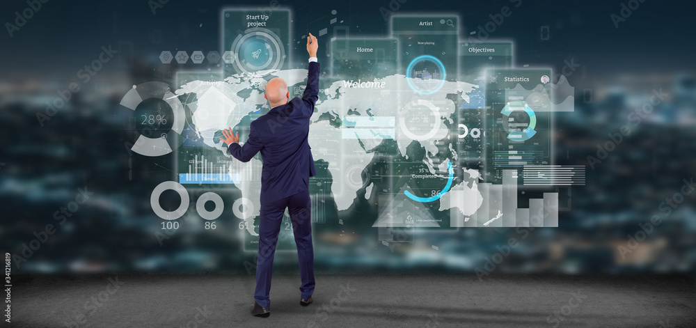 Poster businessman in front of a wall with user interface screens with icon, stats and data 3d rendering