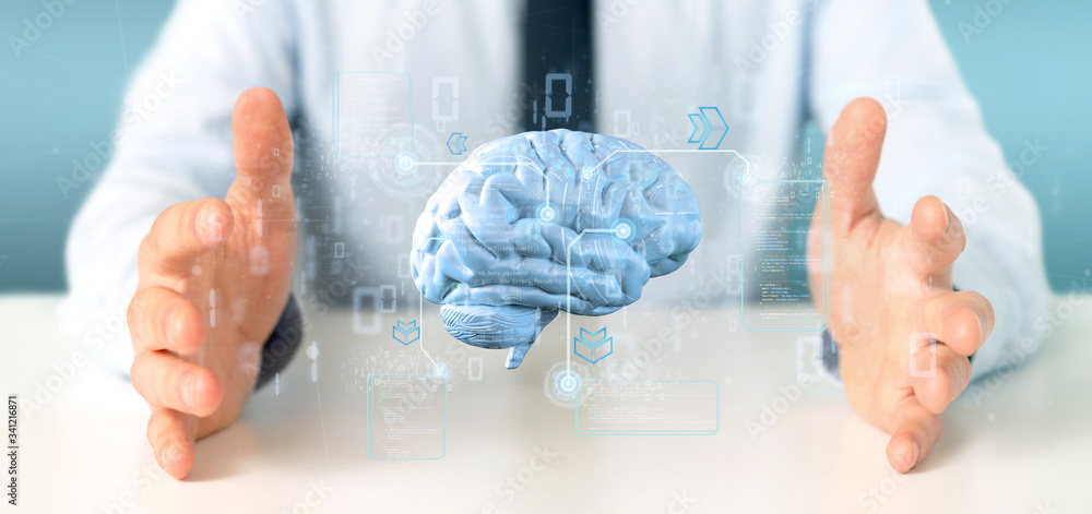 Poster businessman holding a intelligence artificial brain with data - 3d rendering