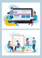set scenes of coworking with icons vector illustration design
