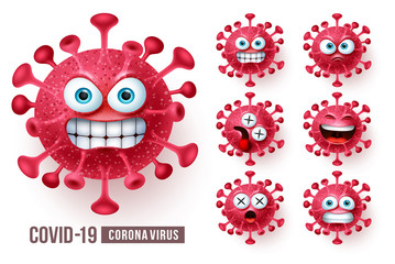 Corona virus emoticons vector set. Covid19 corona virus emoticons or emojis with angry and scary facial expressions in white background. Vector illustration.
